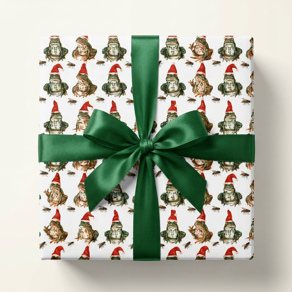 Funny frog Christmas gift wrap with Santa hats and a green satin bow by Wrapped Studios.