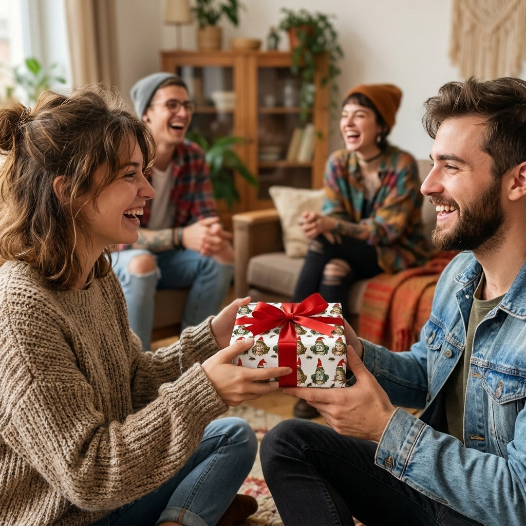 Friends exchanging holiday gift in cute sloth Christmas wrapping paper with red bow. Wrapped Studios.