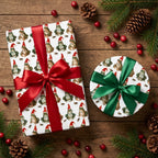 Whimsical frog Christmas wrapping paper on holiday gifts with red and green bows by Wrapped Studios.