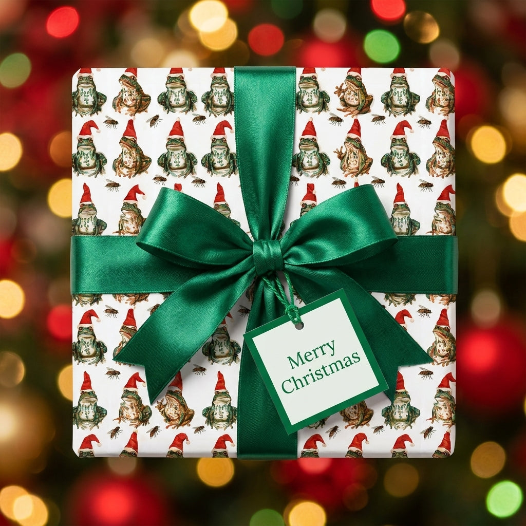 Funny frog Christmas wrapping paper with a green satin bow and holiday tag by Wrapped Studios.
