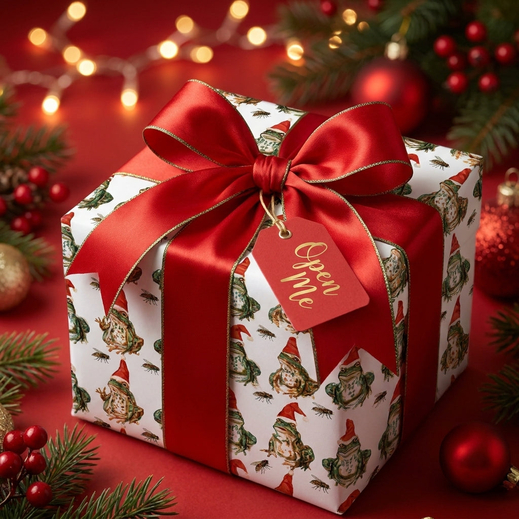 Whimsical frog Christmas wrapping paper by Wrapped Studios on a gift box with a red satin bow.