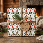 Cute frog Christmas wrapping paper by Wrapped Studios, tied with rustic twine in a cozy fireplace setting.