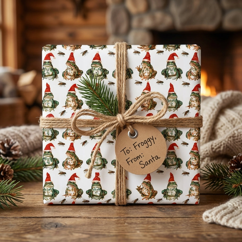 Cute frog Christmas wrapping paper by Wrapped Studios, tied with rustic twine in a cozy fireplace setting.