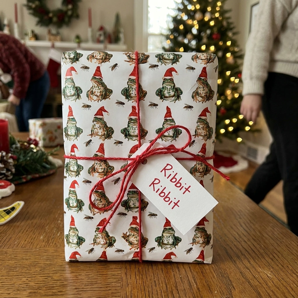 Funny frog Christmas wrapping paper by Wrapped Studios on a holiday gift tied with red string and a Ribbit tag.