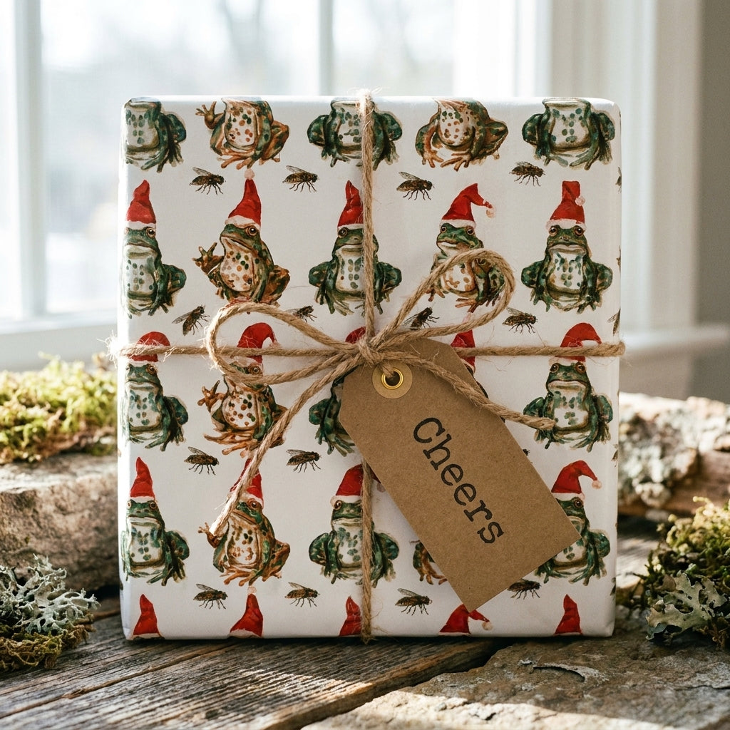 Whimsical frog Christmas gift wrap with Santa hats, tied with a rustic twine bow and Cheers tag by Wrapped Studios.