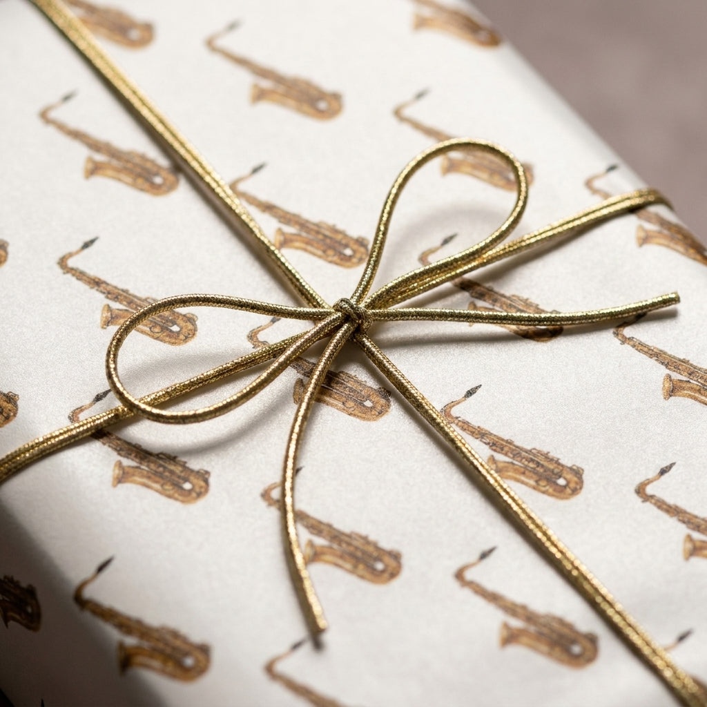 Vintage saxophone wrapping paper with gold bow. Elegant music gift wrap by Wrapped Studios.