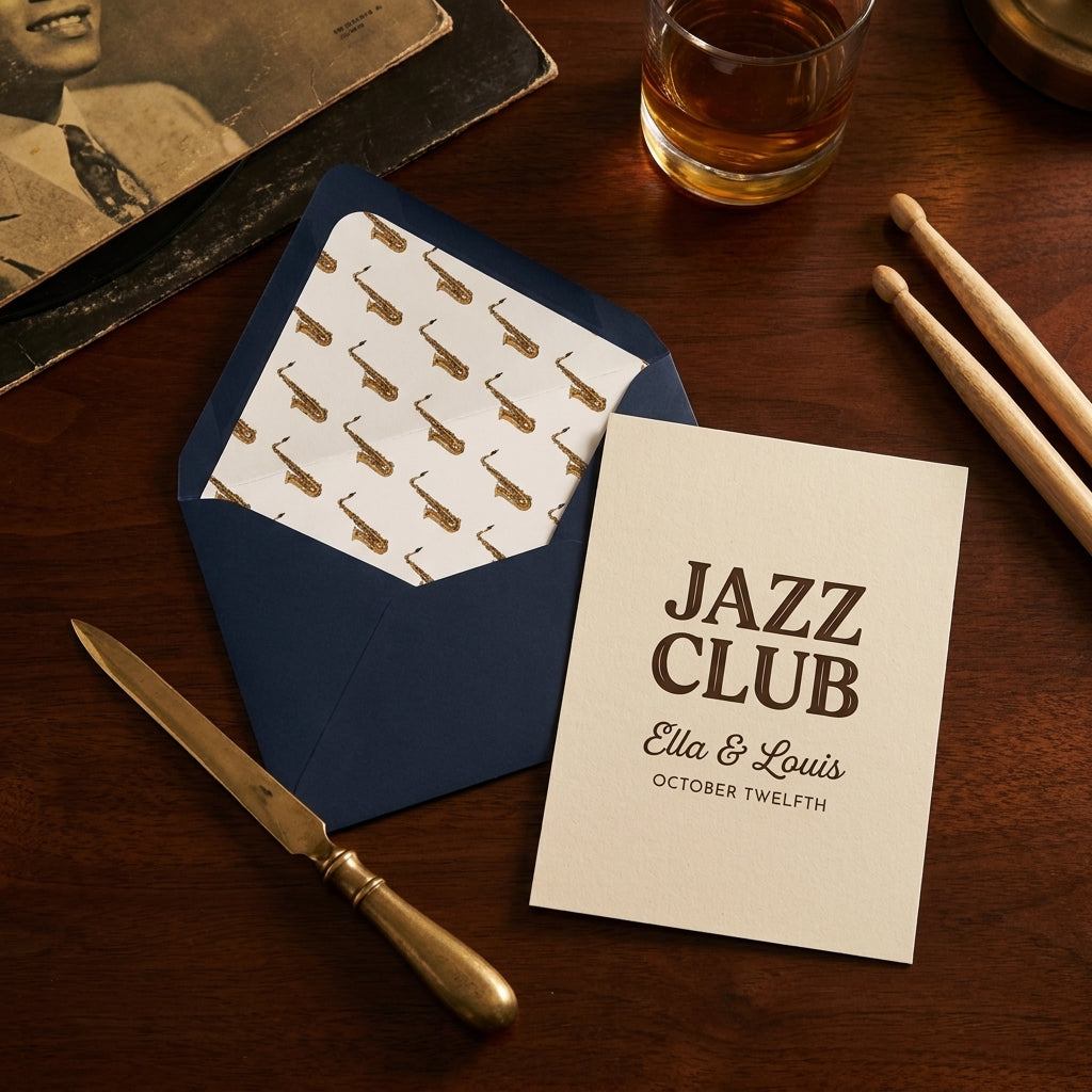 Vintage jazz wedding invitation with saxophone patterned envelope liner by Wrapped Studios.