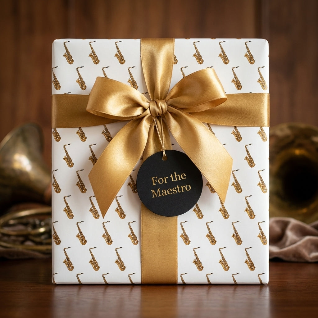White and gold saxophone music wrapping paper with a satin bow by Wrapped Studios.