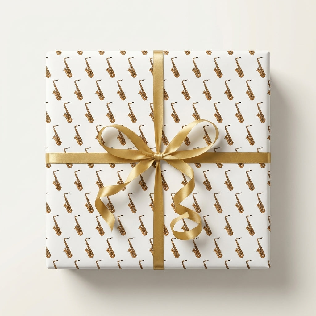 Saxophone wrapping paper with a gold satin ribbon bow on a square gift box, by Wrapped Studios.
