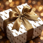 Music-themed gold saxophone wrapping paper with a luxury ribbon by Wrapped Studios.