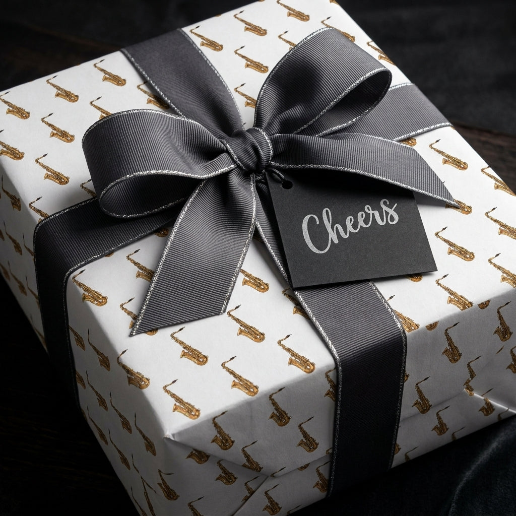 Gold saxophone wrapping paper with a grey ribbon bow and Cheers tag by Wrapped Studios.