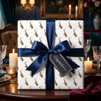 Gold saxophone music wrapping paper with a luxury navy blue bow and gift tag, from Wrapped Studios.