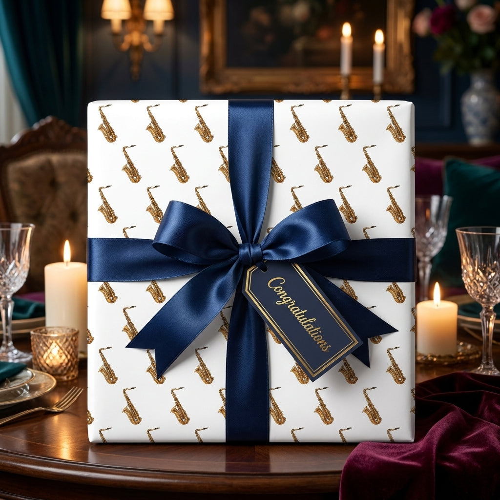 Gold saxophone music wrapping paper with a luxury navy blue bow and gift tag, from Wrapped Studios.