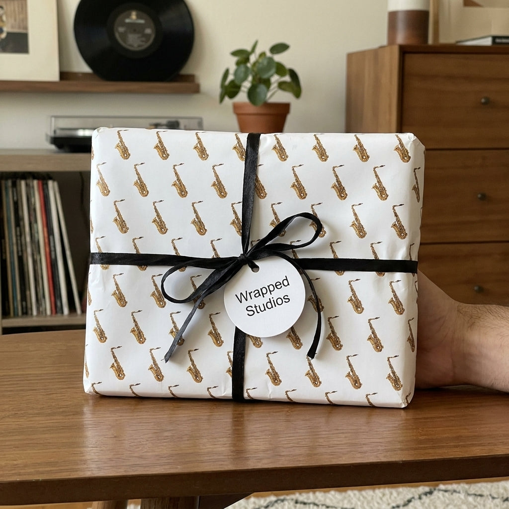 Music themed saxophone wrapping paper with a black ribbon bow on a gift box by Wrapped Studios.