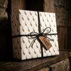 Father's Day saxophone wrapping paper with a wood DAD tag and twine by Wrapped Studios.