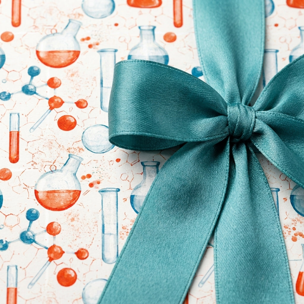 Science wrapping paper with watercolor chemistry beakers and a teal satin bow. By Wrapped Studios.