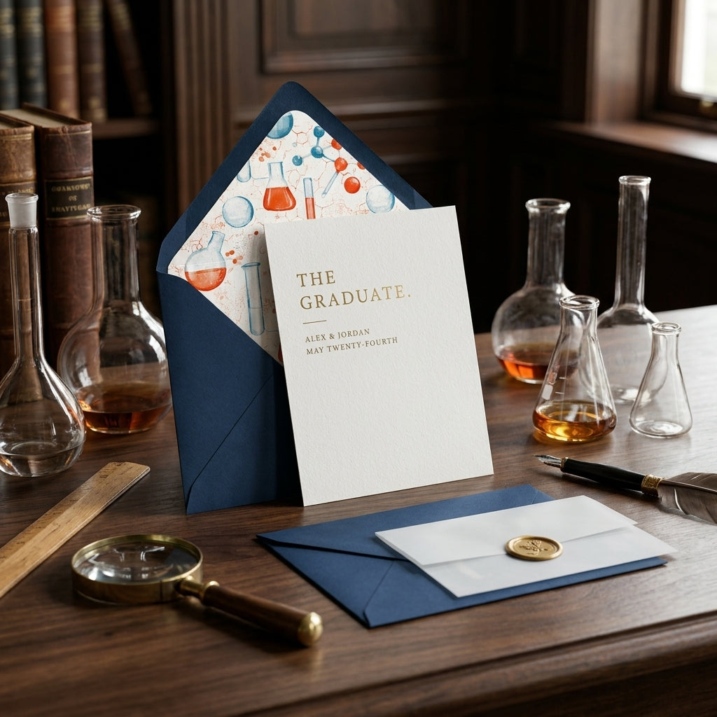 Science graduation invitation with chemistry beaker envelope liner by Wrapped Studios.