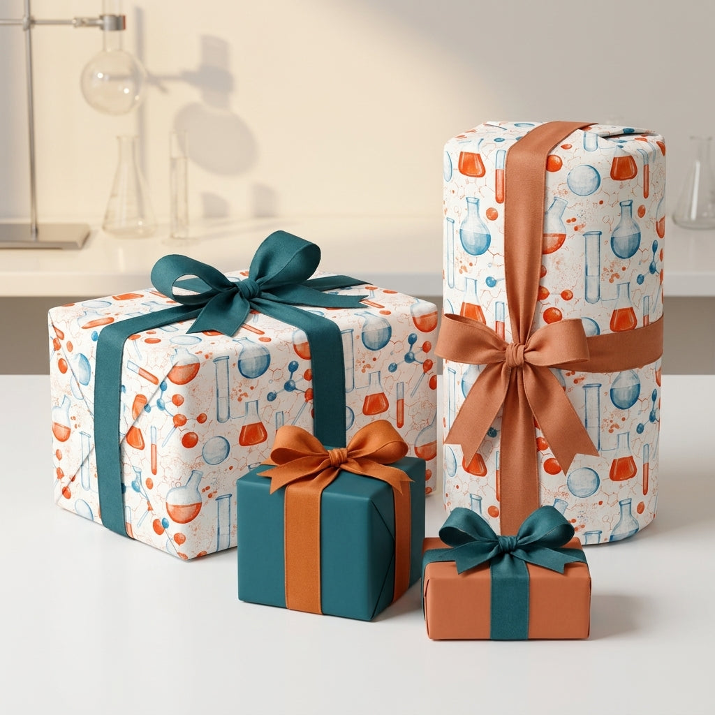 Science wrapping paper with chemistry beaker patterns on gift boxes by Wrapped Studios.