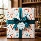Science wrapping paper with chemistry beakers, a teal bow, and a Future Scientist tag by Wrapped Studios.