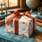 Science wrapping paper featuring chemistry beakers and an orange ribbon bow. By Wrapped Studios.
