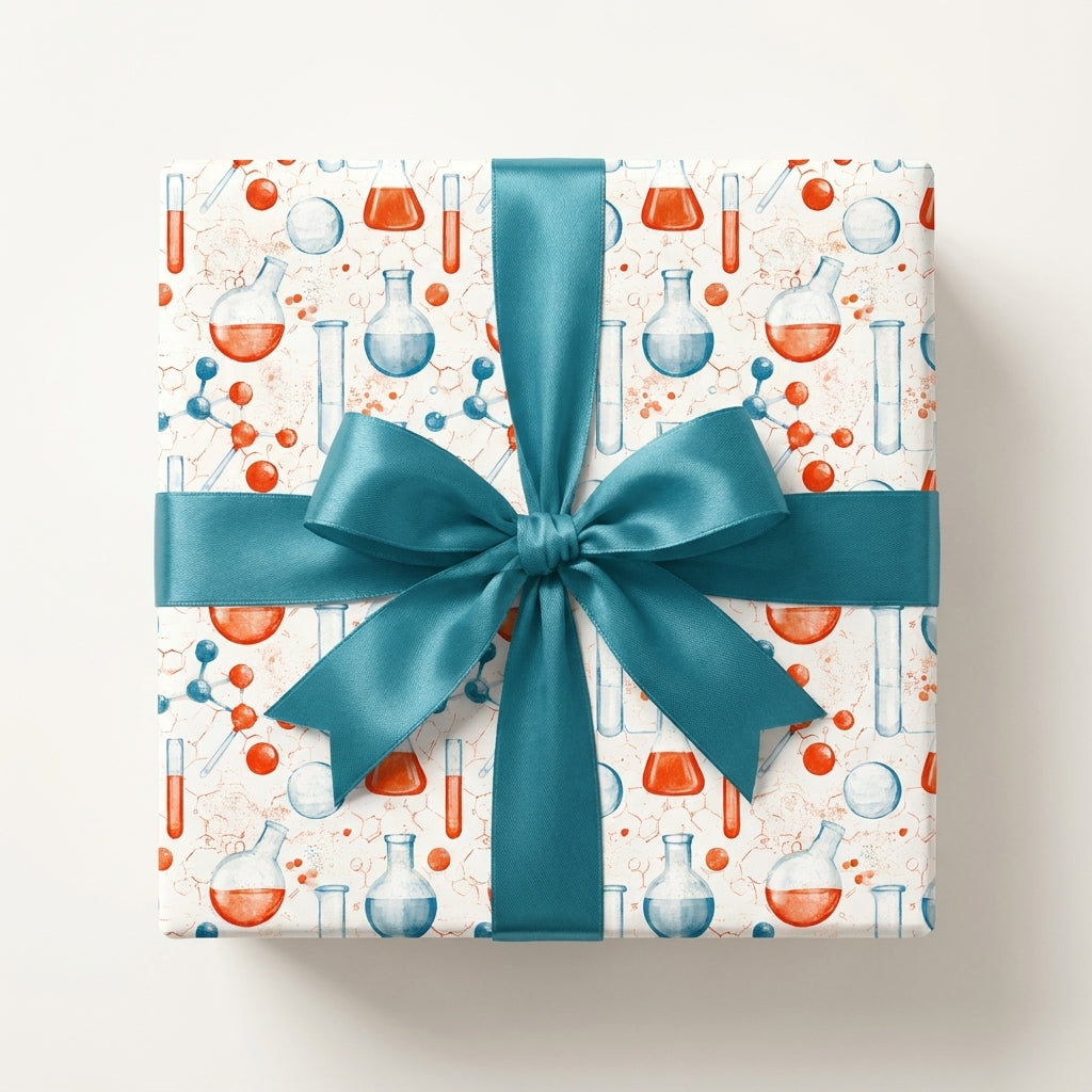Science wrapping paper with chemistry beakers and a teal satin ribbon bow, by Wrapped Studios.