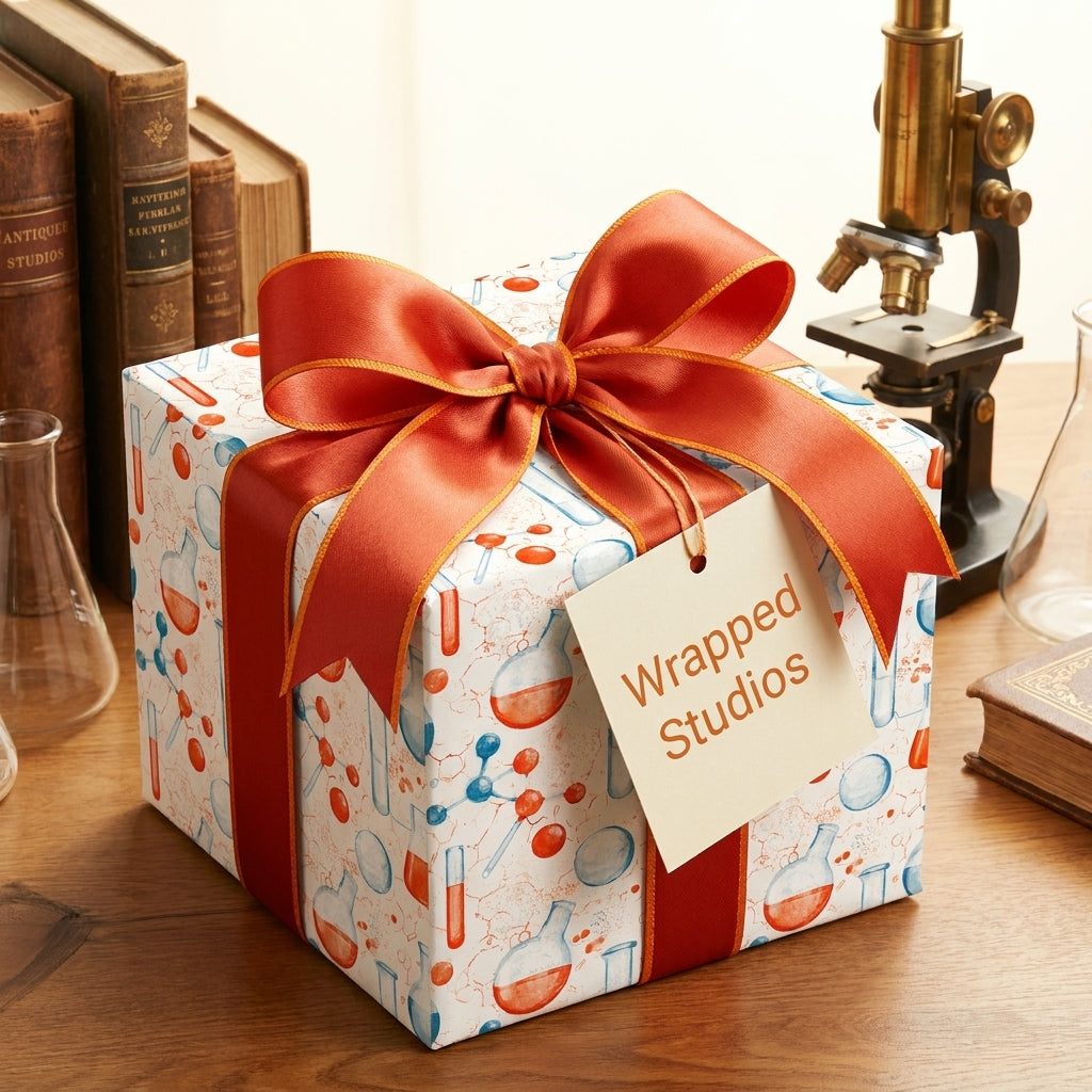Chemistry science wrapping paper with beakers and an orange ribbon by Wrapped Studios.