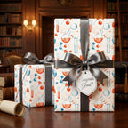 Science graduation gift wrap with chemistry beaker pattern and grey ribbon by Wrapped Studios.
