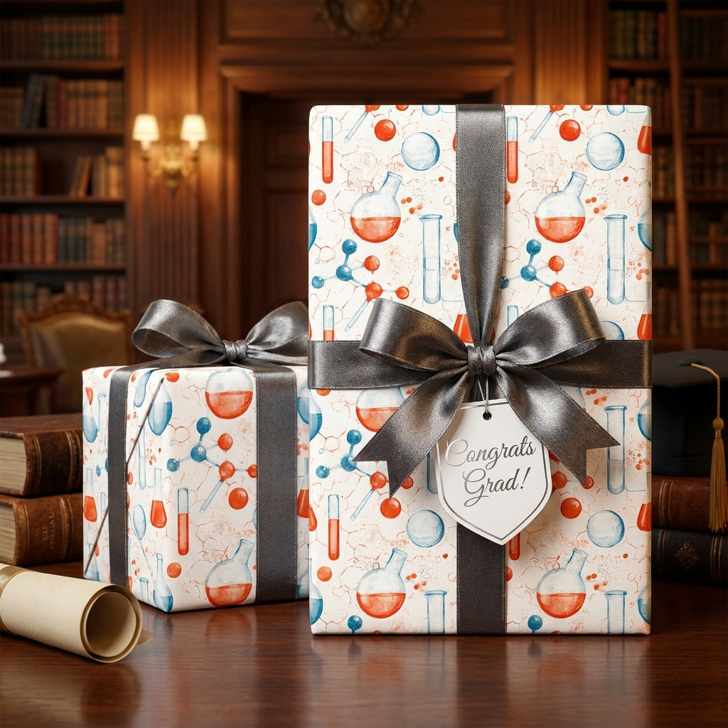 Science graduation gift wrap with chemistry beaker pattern and grey ribbon by Wrapped Studios.