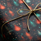 Science Christmas gift wrap with red and teal flasks and gold cord bow by Wrapped Studios.