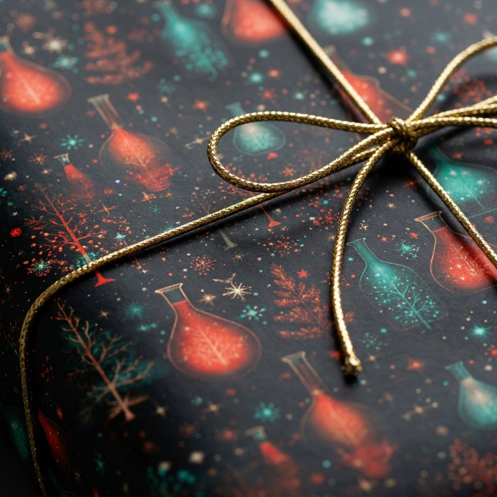 Science Christmas gift wrap with red and teal flasks and gold cord bow by Wrapped Studios.