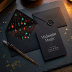 Witchy potion pattern envelope liner and gothic Halloween invitation by Wrapped Studios.