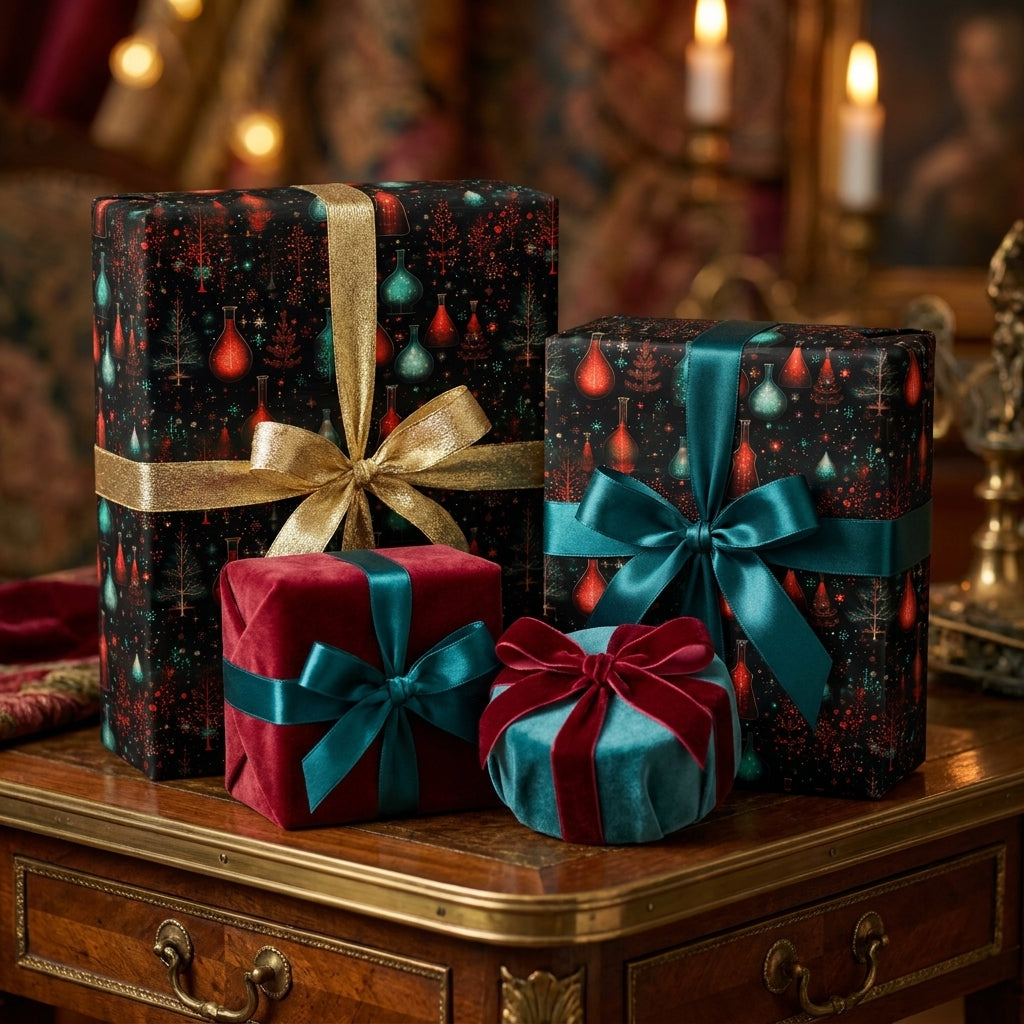 Luxury Christmas wrapping paper with magical potion pattern and velvet ribbons by Wrapped Studios.