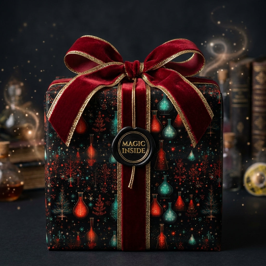 Magical fantasy wrapping paper with a luxury red velvet bow and 'Magic Inside' seal by Wrapped Studios.
