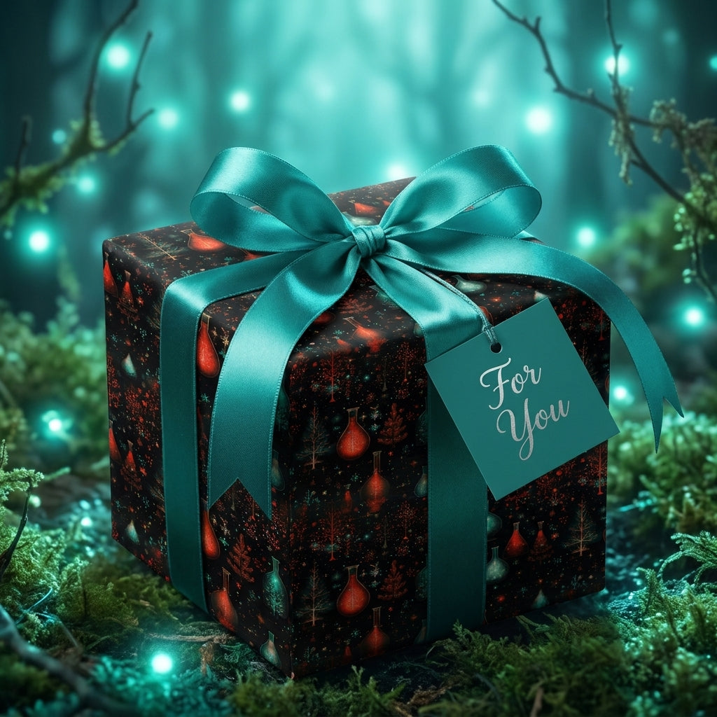 Whimsical fantasy wrapping paper by Wrapped Studios, featuring a luxury teal ribbon on a magical forest floor.