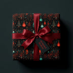 Science themed Christmas gift wrap with chemistry flask pattern and red satin bow by Wrapped Studios.