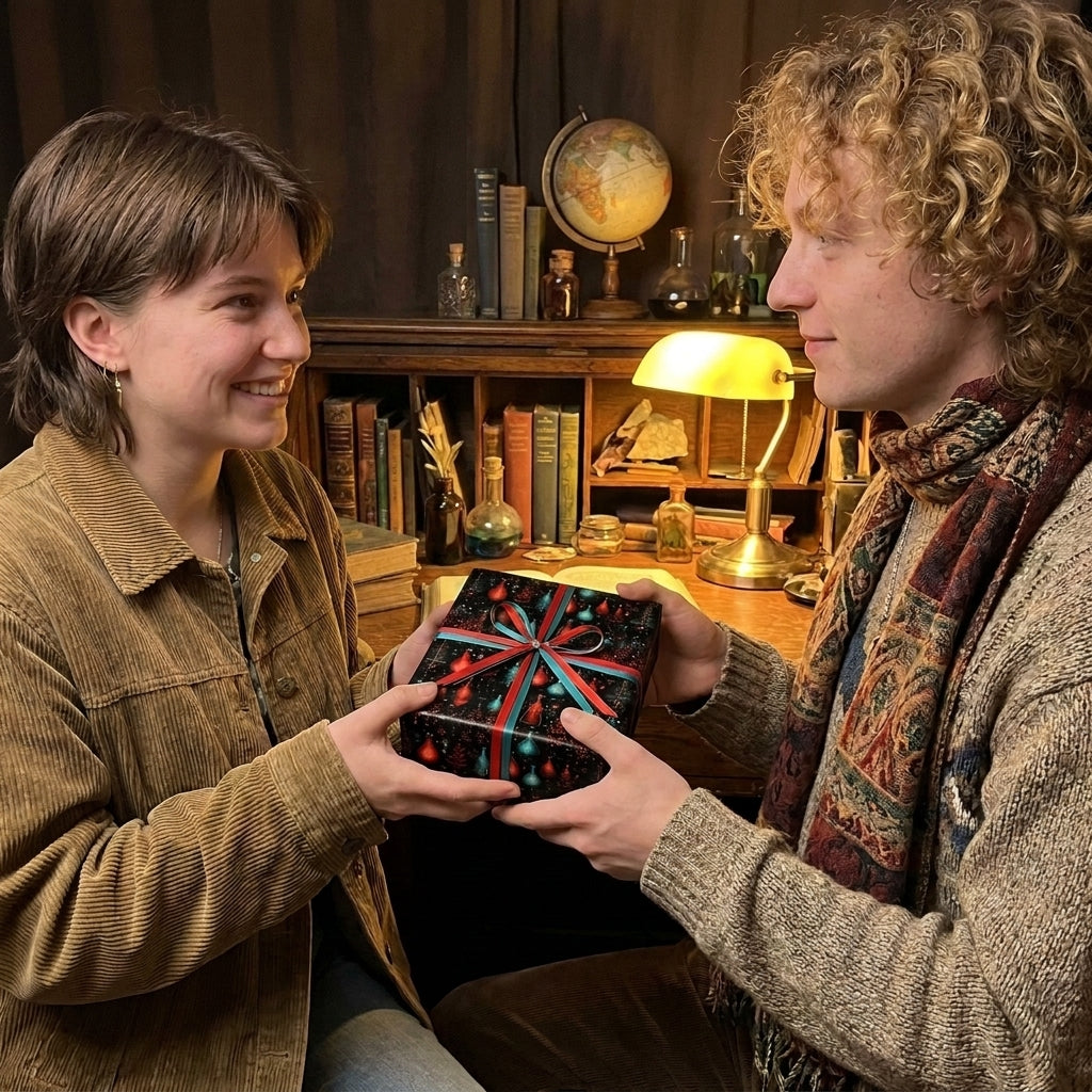 Couple exchanging gift in vintage Christmas wrapping paper with colorful ornaments by Wrapped Studios.