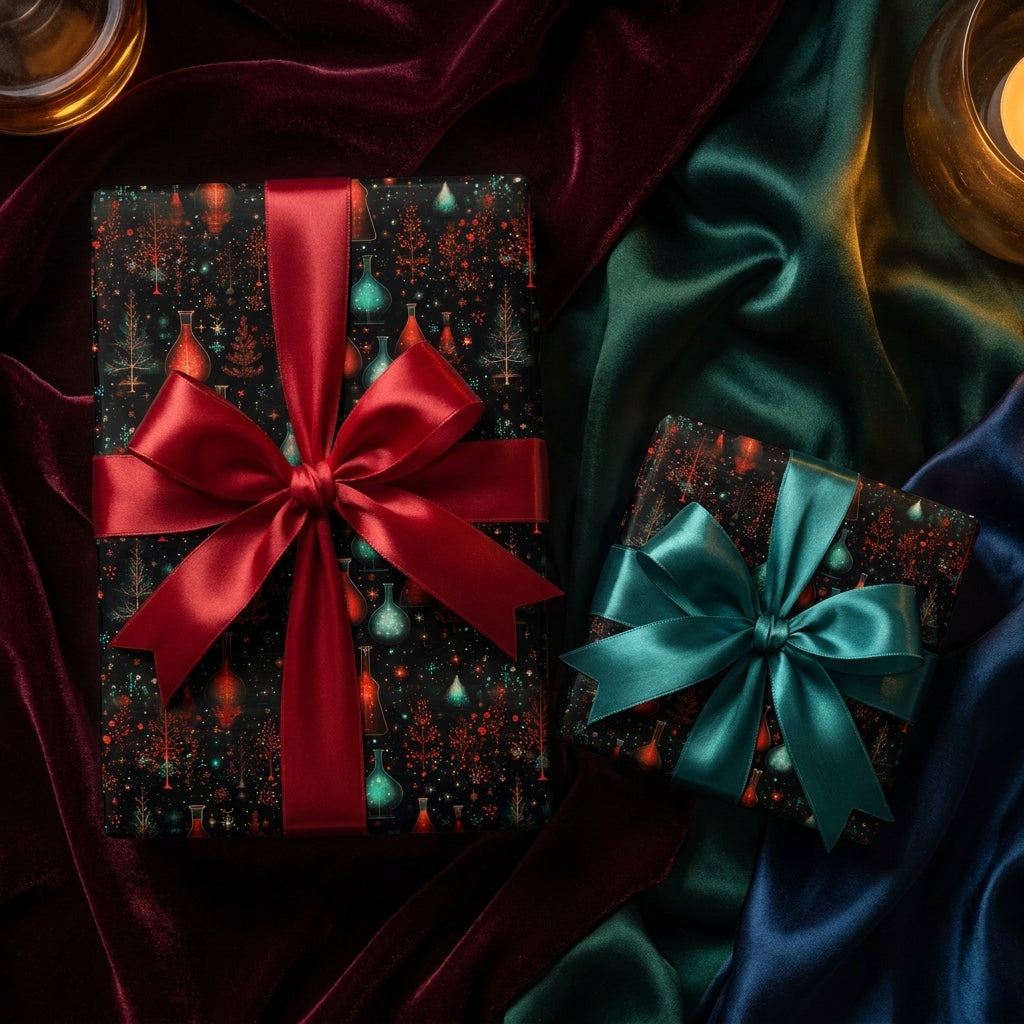 Luxury holiday gift wrap featuring magic potion bottles and satin bows by Wrapped Studios.