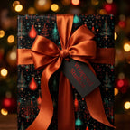 Luxury Christmas wrapping paper with a magical potion pattern and copper ribbon by Wrapped Studios.
