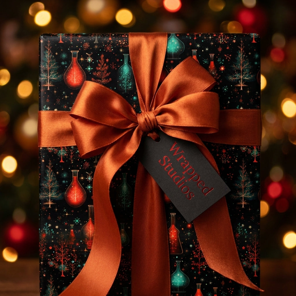 Luxury Christmas wrapping paper with a magical potion pattern and copper ribbon by Wrapped Studios.