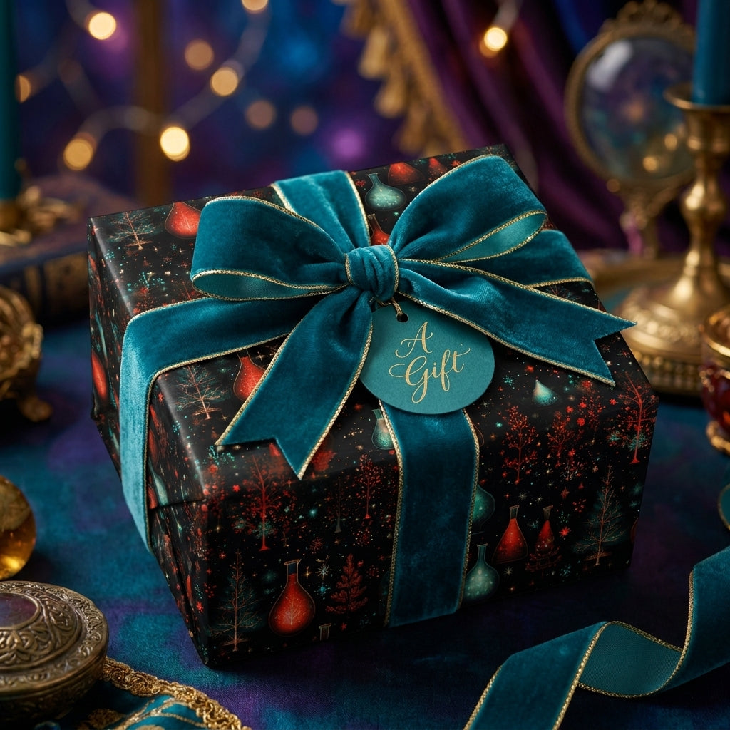 Luxury Christmas wrapping paper with teal velvet bow and magical bottle pattern by Wrapped Studios.
