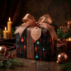 Solstice holiday wrapping paper with luxury copper bow and candles by Wrapped Studios.