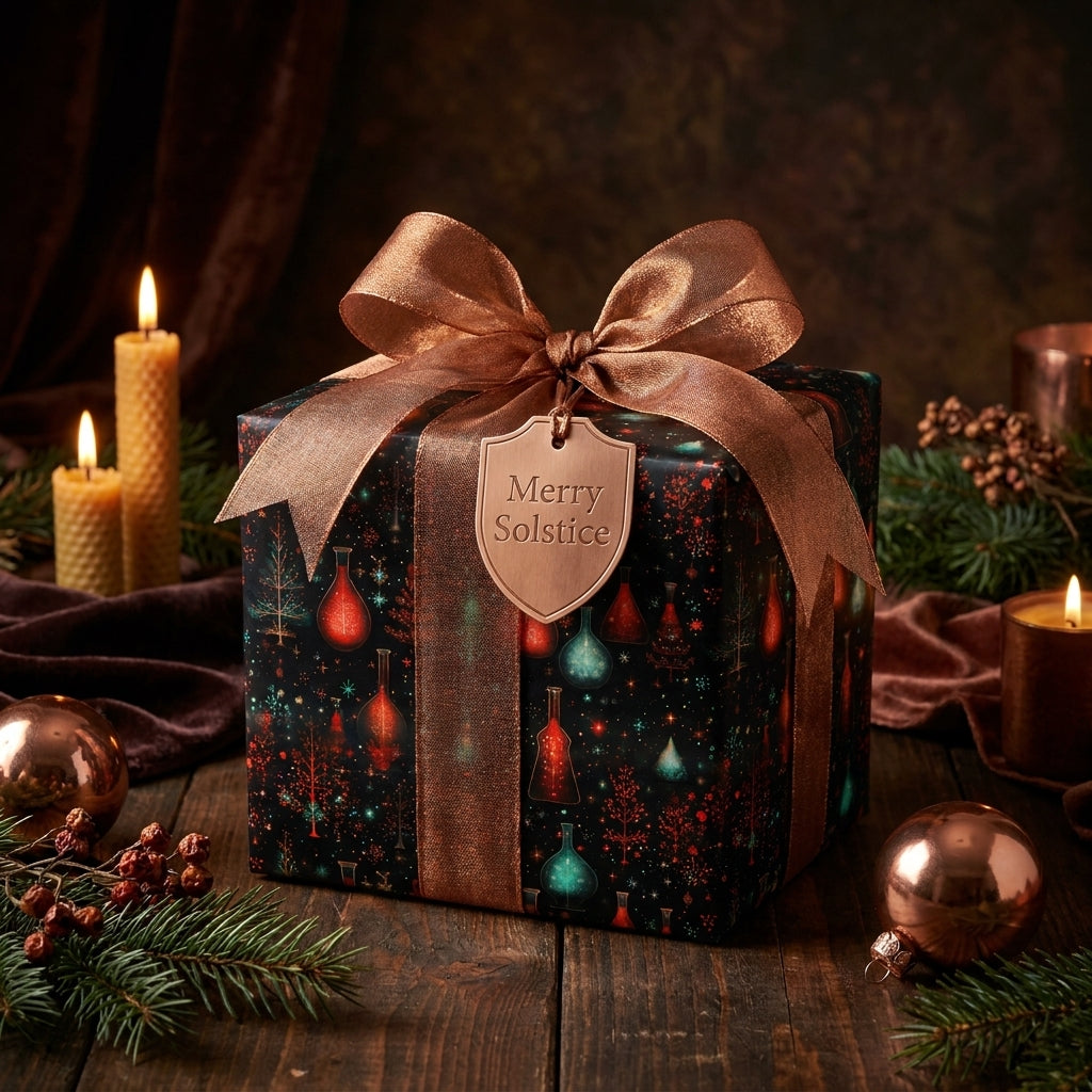 Solstice holiday wrapping paper with luxury copper bow and candles by Wrapped Studios.