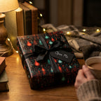 Whimsical magic potion wrapping paper with a black satin bow, by Wrapped Studios.