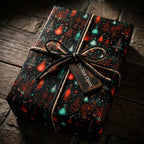 Gothic potion wrapping paper on a gift box with rustic twine and wood tag by Wrapped Studios.
