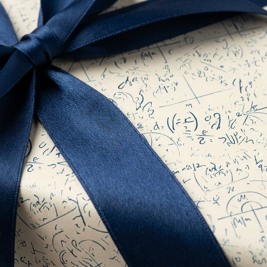 Math formulas and science wrapping paper with a navy blue satin ribbon bow by Wrapped Studios.