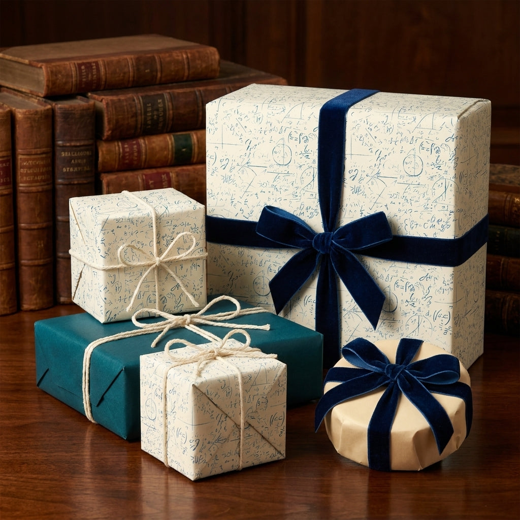 Vintage math wrapping paper with navy velvet ribbon on gift boxes by Wrapped Studios.