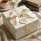 Math equations gift wrap with cream satin bow and 'Smart Gift' tag by Wrapped Studios.