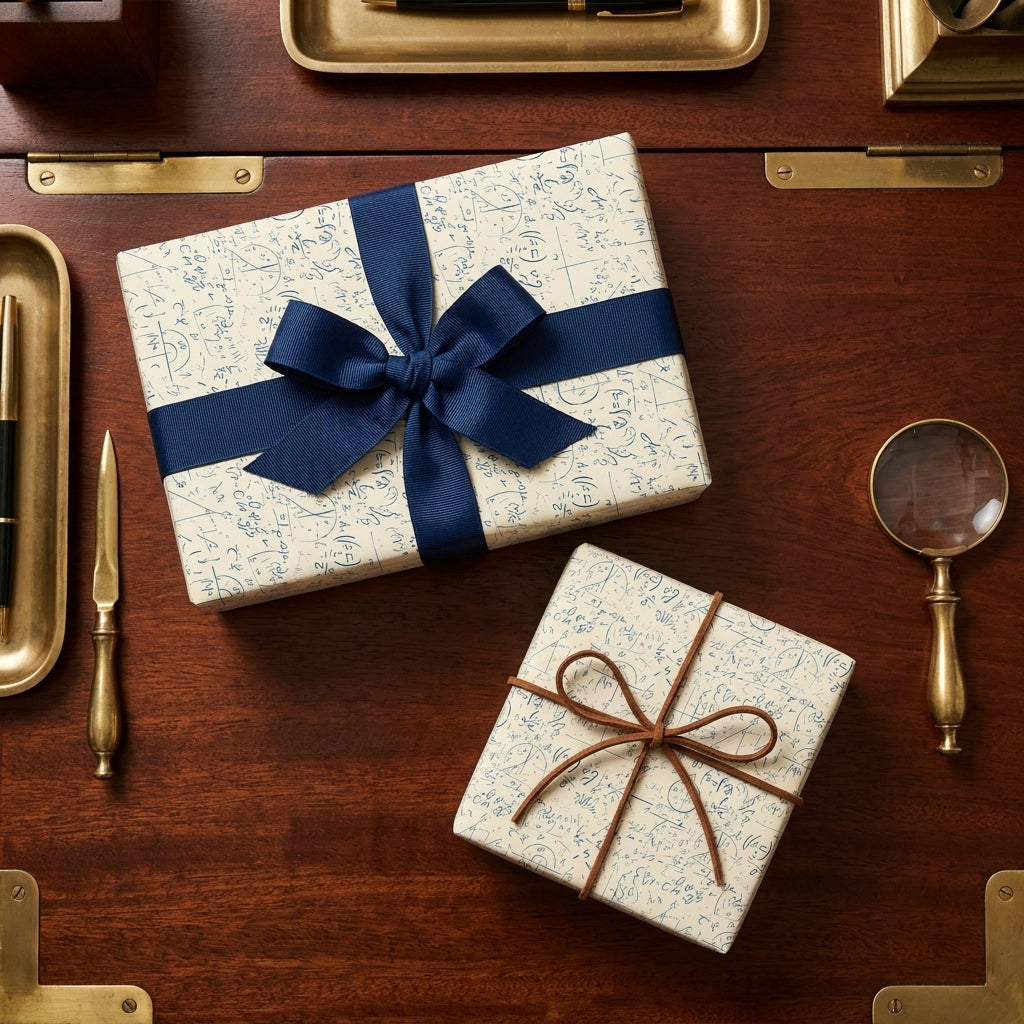 Vintage math wrapping paper with navy blue ribbon on academic wood desk by Wrapped Studios.