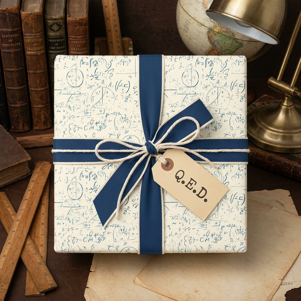 Math equations gift wrap with a navy blue ribbon on a vintage academic desk by Wrapped Studios.