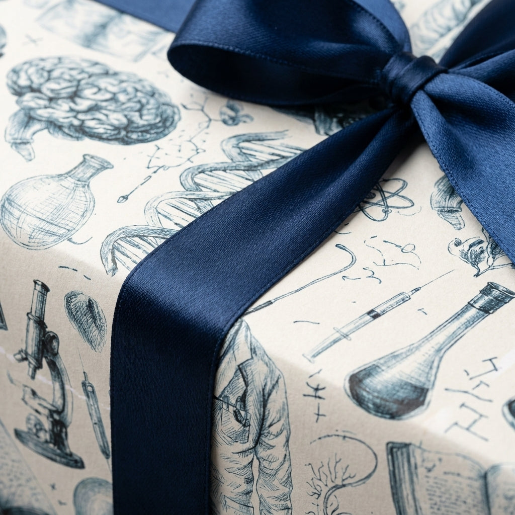 Vintage science wrapping paper with medical drawings and navy satin bow, by Wrapped Studios.